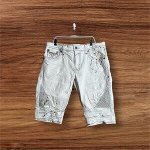 Rock Revival Jean Shorts "Rodd" White Splash Leather Inserts Shorts 40 90’s